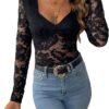 SweatyRocks Women's Sheer Floral Lace V Neck Bodysuit Long Sleeve Slim...