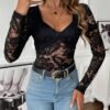 SweatyRocks Women's Sheer Floral Lace V Neck Bodysuit Long Sleeve Slim... - Image 7