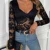 SweatyRocks Women's Sheer Floral Lace V Neck Bodysuit Long Sleeve Slim... - Image 5
