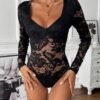 SweatyRocks Women's Sheer Floral Lace V Neck Bodysuit Long Sleeve Slim... - Image 3